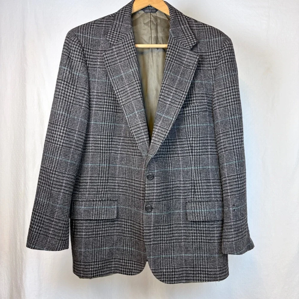 Vtg Polo University Club Ralph Lauren Wool Houndstooth Plaid Blazer Grey 42 USA